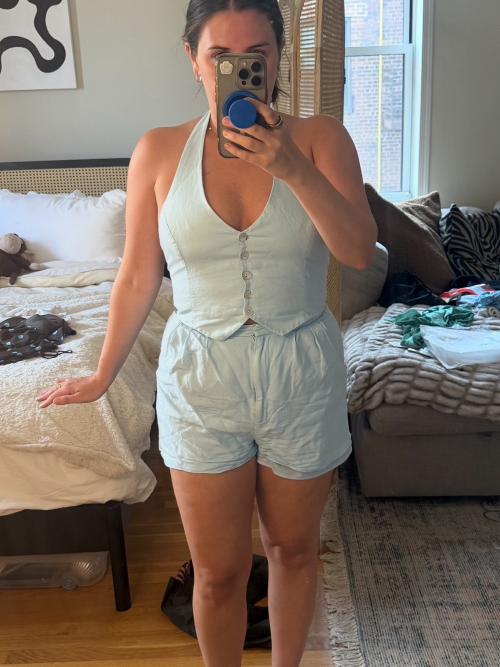 Amanda Uprichard light blue linen romper with vest